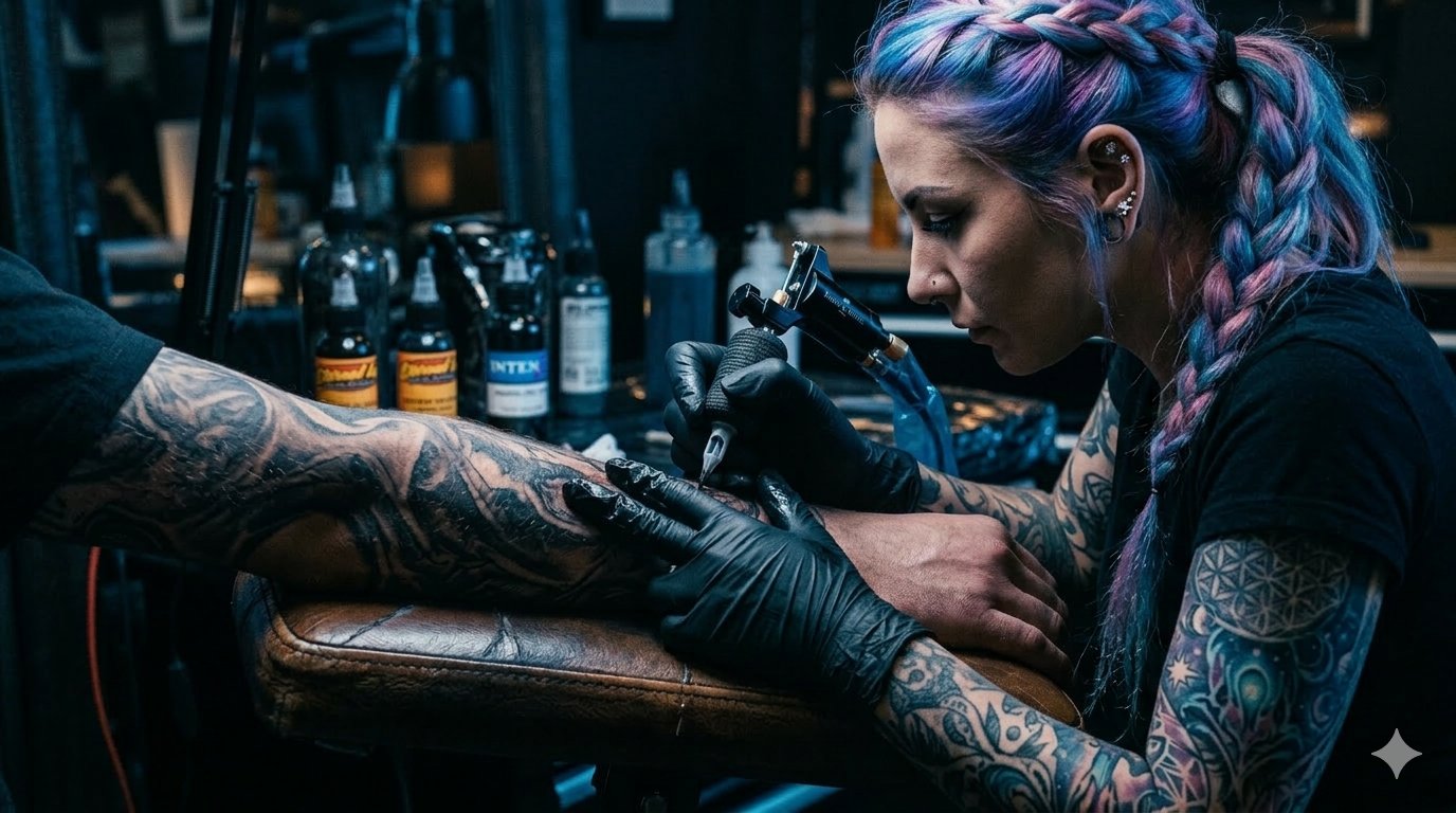 Tätowiererin bei der Arbeit